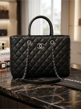 Black Quilted Tote with Silver Chain Details